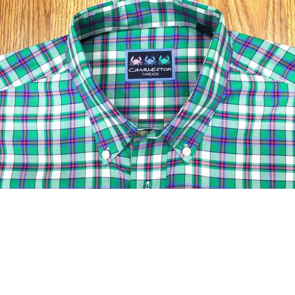 CHARLESTON THREADS 100% COTTON REGULAR FIT PLAID SHIRT GREEN LARGE, L